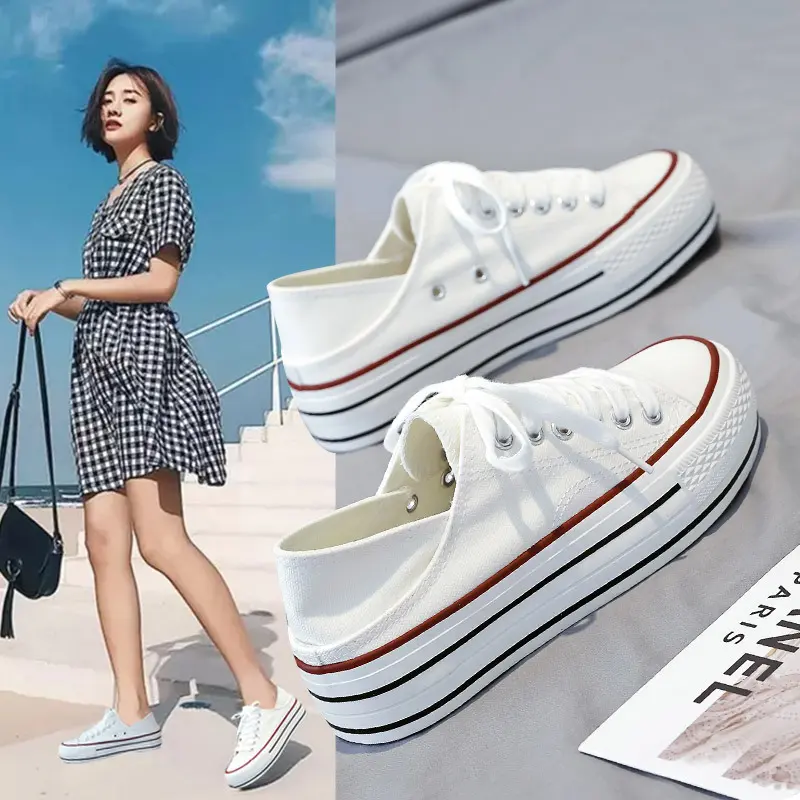 2023 Summer New Two-Step Canvas Shoes Women's Korean-Style Casual Versatile Slip-on Fashionable Ins White Shoes for Students