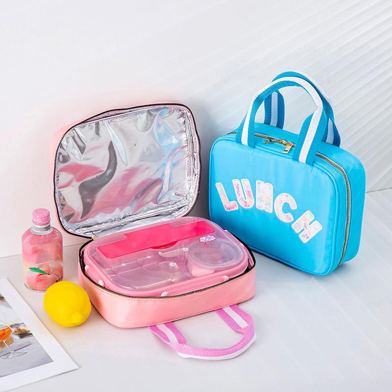Product Introduction of Large Capacity Nylon Preppy Lunch Box Reusable Lunch Tote Bag LunchBag for Girls Cute Easy packing 9