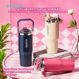 【in stock】【crehom exclusive】【Tahan dingin 24 jam dan panas 14 jam】【900ml】ecentio Botol Minum Stainless 900ml Premium cocok untuk Olahraga dan Aktivitas Outdoor Kapasitas Besar Desain Aesthetic Biru Steel Silikon Vacuum