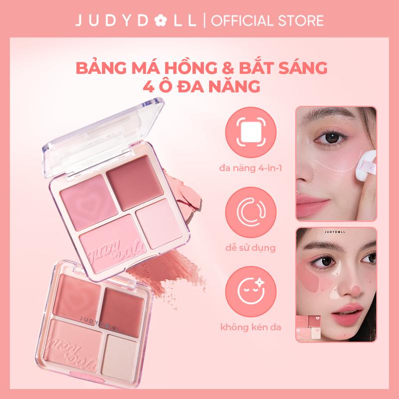NEW JUDYDOLLL Bảng Phấn Má hồng & Bắt sáng 4 ô 2-Trong-1 Blush & Highlight Palette 9g Trang Điểm