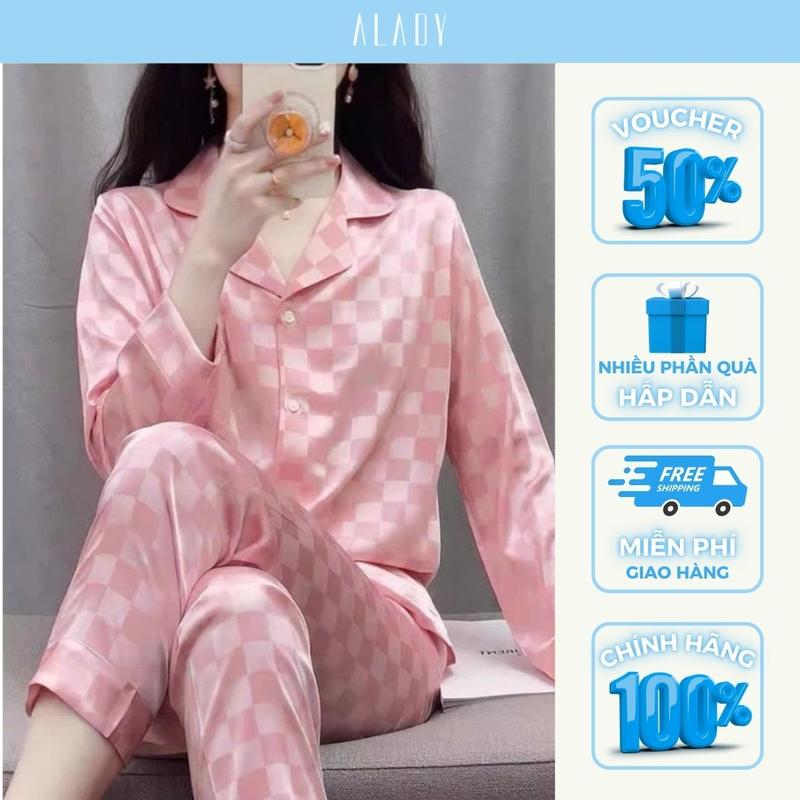 ALADY TD047 - Đồ bộ Pijama lụa Latin sọc caro hồng cao cấp, mềm mại và thoáng mát Quần Ngủ Áo Ngủ