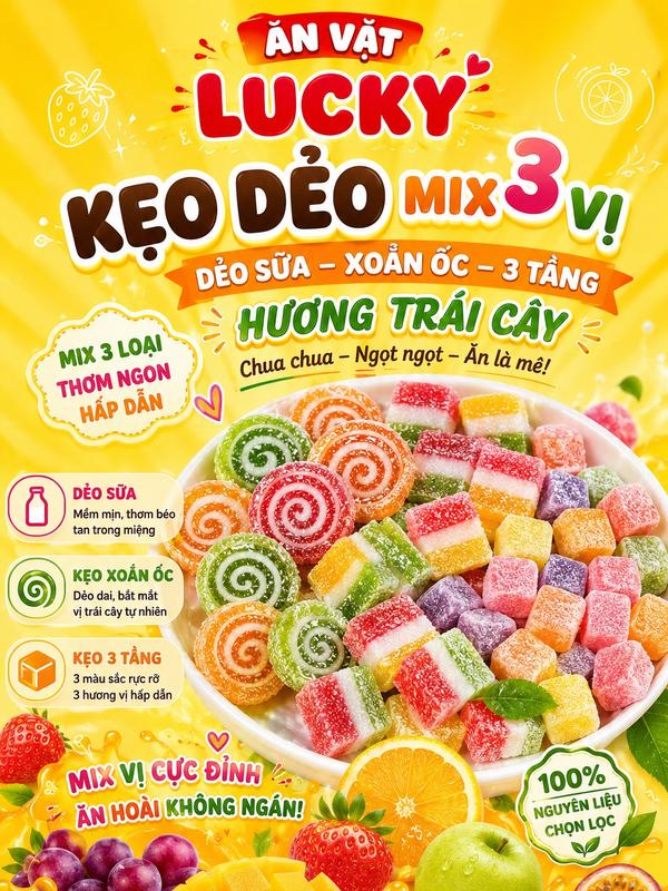 Kẹo dẻo mix 3 vị dẻo sữa+ xoắn ốc+3 tầng hương trái cây chua chua ngọt-AVLK