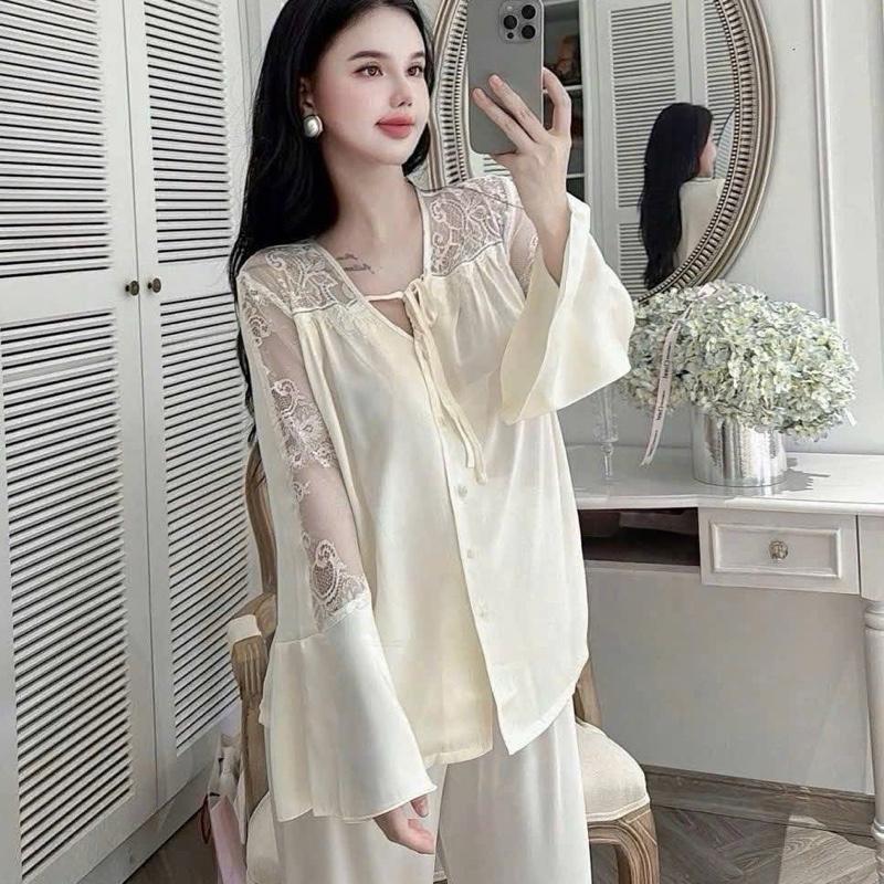   MĐB _Bộ đồ ngủ nữ phối ren thiết kế QC tay dài chất lụa latin mềm mịn freesize 40-60kg 