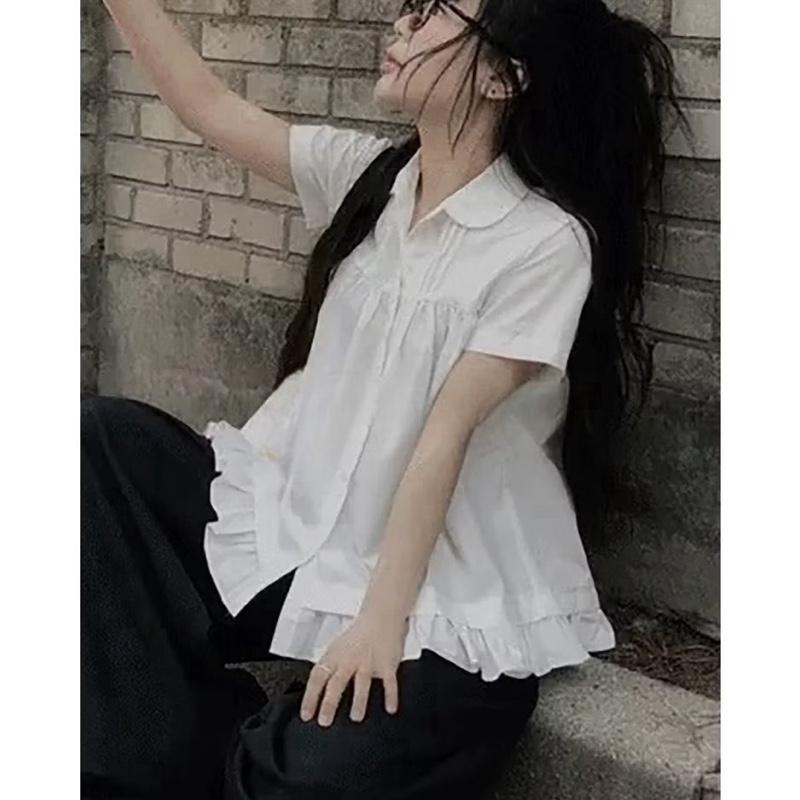 SƠ MI CỔ ĐỨC 2 MÀU- (ĐEN VÀ TRẮNG) Phối bèo tay cộc áo sơ mi kiểu nữ bigsize