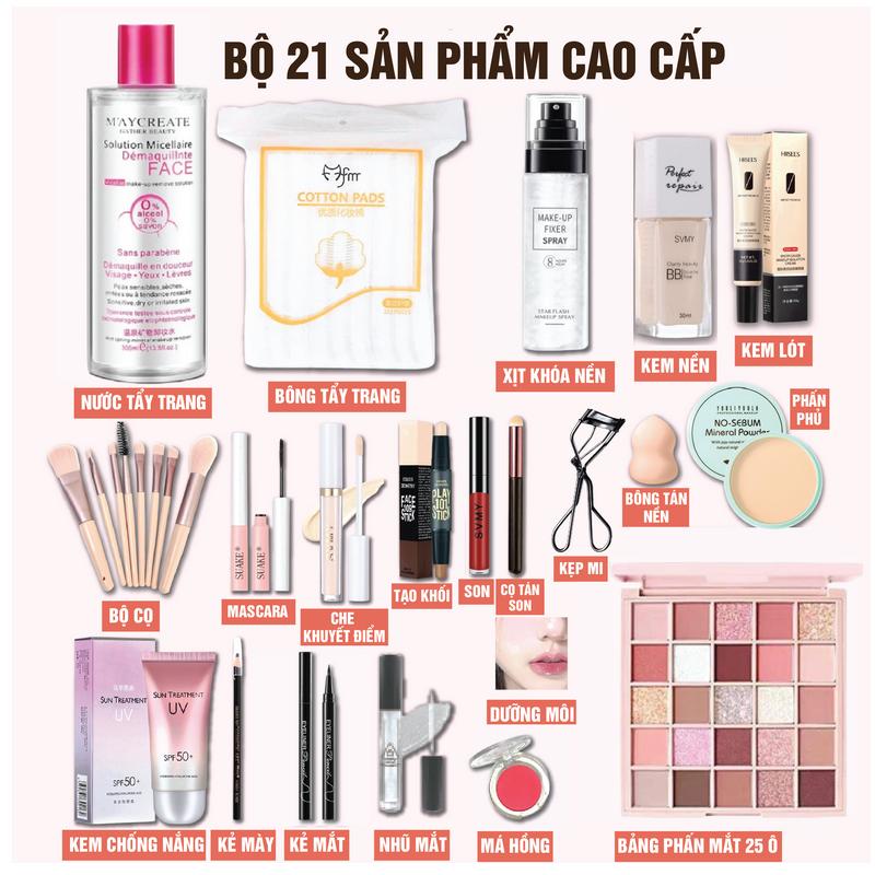 [ƯU ĐÃI] Bộ 21 và 15 sản phẩm trang điểm makeup cao cấp cho mặt MiuCosmetics có nước tẩy trang 300ml, bông tẩy trang Cotton Pads, xịt khóa nền, phấn phủ kiềm dầu, kem nền che khuyết điểm...
