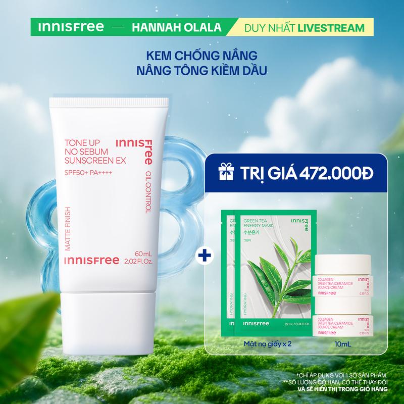 Innisfree x Hannah - Kem chống nắng nâng tông kiềm dầu INNISFREE Tone Up No Sebum EX SPF 50+ PA++++ 60mL