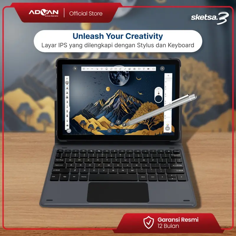 Advan Tab Sketsa 3 Layar 10.1” HD IPS 128GB+RAM 6GB Tiger T606 Android 13 Dual Sim Card Free Keyboard & Stylus Pen | Sketsa 3 Advan 3