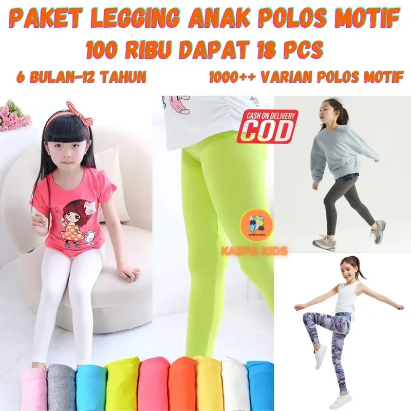 100Rb Get 18 Pcs Legging Anak Paket Hemat 6 Bulan-12 Tahun Legging Polos Motif Hitam Pink Putih Celana Fashion Cotton 0