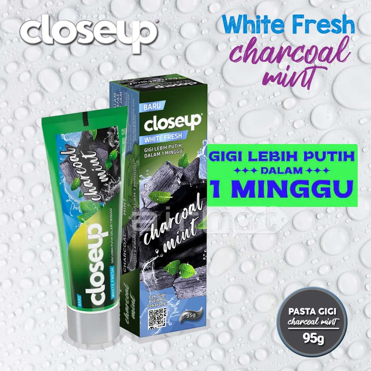 Pasta Gigi Close Up White Fresh Charcoal Mint 95gr - Menghilangkan Noda Kuning dan Menyingkap Senyum dalam 1 Minggu - Mulut odol closeup Memutihkan Penyegar Mencerahkan Bersihkan Perawatan Pencerah Gusi Siwak pemutih  gigi odol