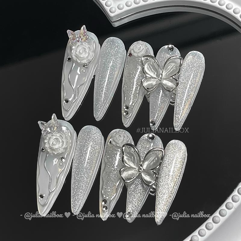 JuliaNailbox Mã 422 mắt mèo mix nhũ flash Móng tay giả thiết kế thủ công sơn gel tặng kèm keo miếng dán dũa bông lau móng gắn dễ dàng tiện lợi có thể tái sử dụng