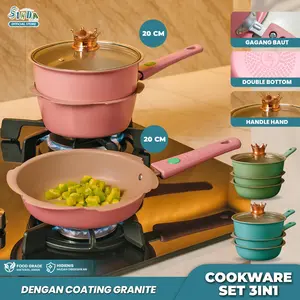 SINDA Panci Set MPASI Anti Lengket 3-in-1 dengan Coating Granite Marbel & Tutup Kaca Diameter 20 cm Ideal untuk Masakan Anak & MPASI