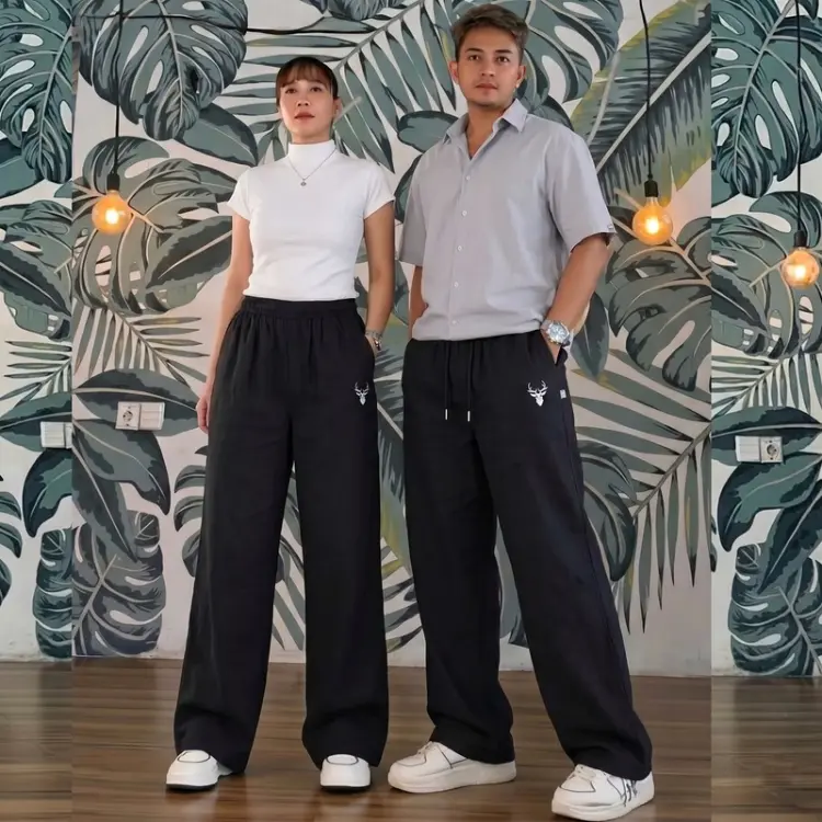 Baggy Loose Pants Korean Style - Celana Pria Wanita Katun Denim Unisex Hitam Panjang Nyaman