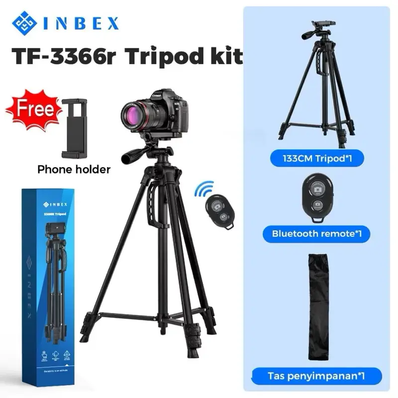 INBEX TF-3366 Tripod +Free Bluetooth Remote+Free U Holder+Storage
