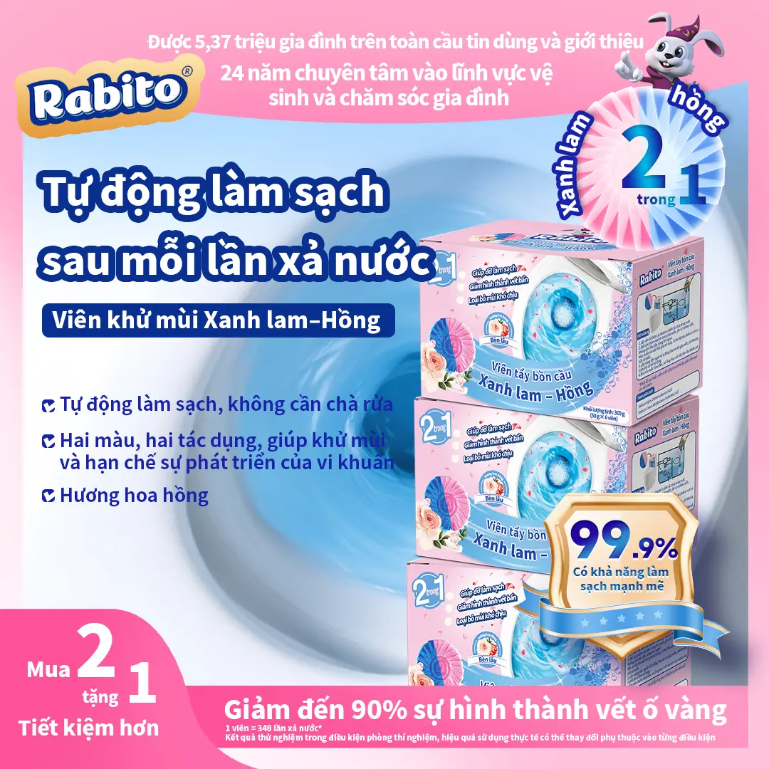 Viên thả bồn cầu Rabito, khỏi chà rửa toilet, tẩy sạch mạnh nhà vệ sinh, giúp làm sạch sâu, khử mùi và ức chế vi khuẩn, hương hoa hồng thơm mát, 1 hộp 6 viên.