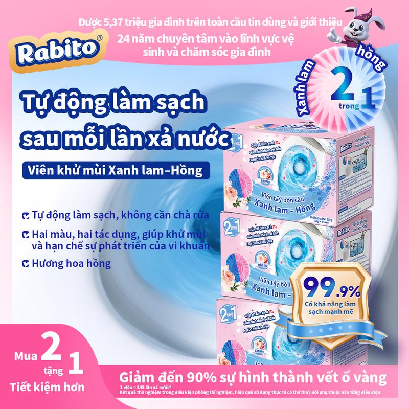 Viên thả bồn cầu Rabito, khỏi chà rửa toilet, tẩy sạch mạnh nhà vệ sinh, giúp làm sạch sâu, khử mùi và ức chế vi khuẩn, hương hoa hồng thơm mát, 1 hộp 6 viên.