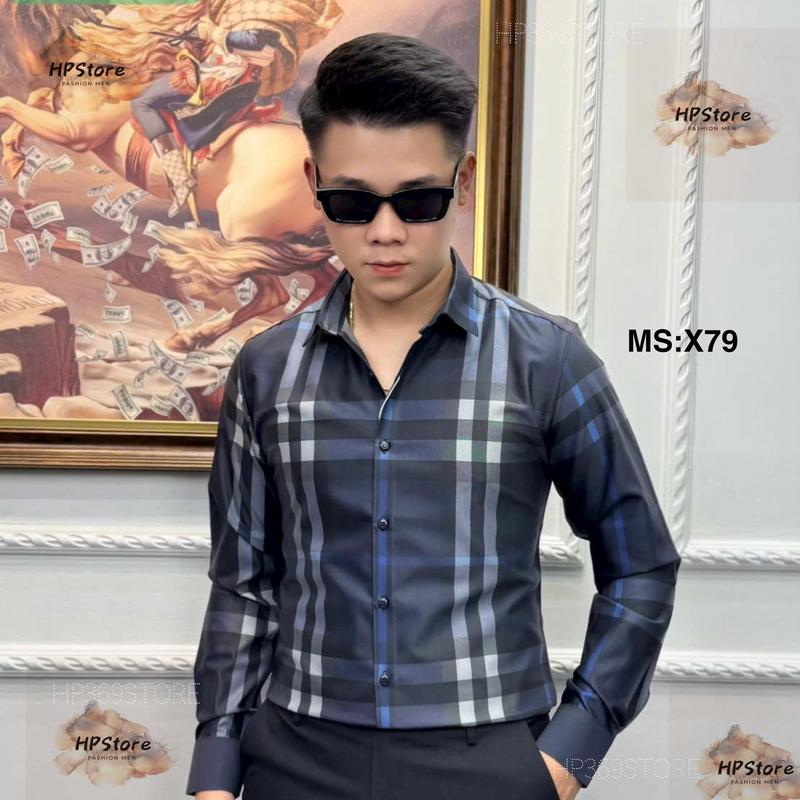  Áo Sơ Mi Sọc Xanh X79 Caro To Cotton Mềm Nam Menswear Shirt Có Cổ 