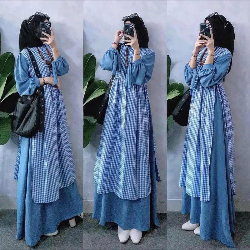 baju Gamis wanita Remaja Korean Style Muslim LD 110 Maxy Aizura Dress Bahan Catton Mix Crinkle Airflow Gamis wanita New Motif Outer Kotak Menyatu Bahan Adem Ukuran Jumbo L XL XXL Fashion Kondangan Simpel 2024 1