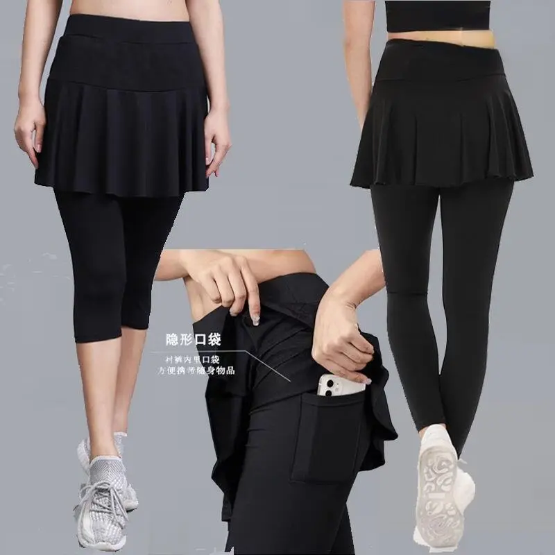 Pocket Women's Sports Pants Fast Dry Two Piece Badminton Tennis Yoga Fiess Running High Waist Skirt