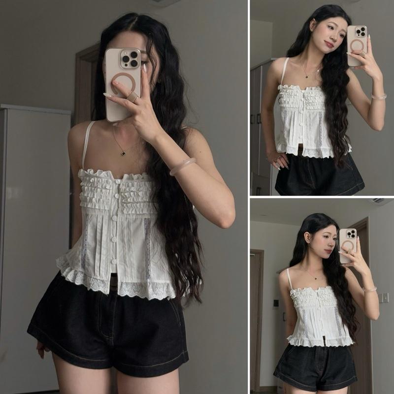 DEAL MỞ BÁN Áo 2 dây bèo chất vải cotton phối ren mềm basic size S m By Halinh M341