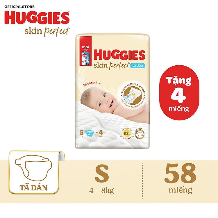 Tã/bỉm dán sơ sinh Huggies Skin Perfect S 54+4 miếng với 2 vùng thấm giảm kích…