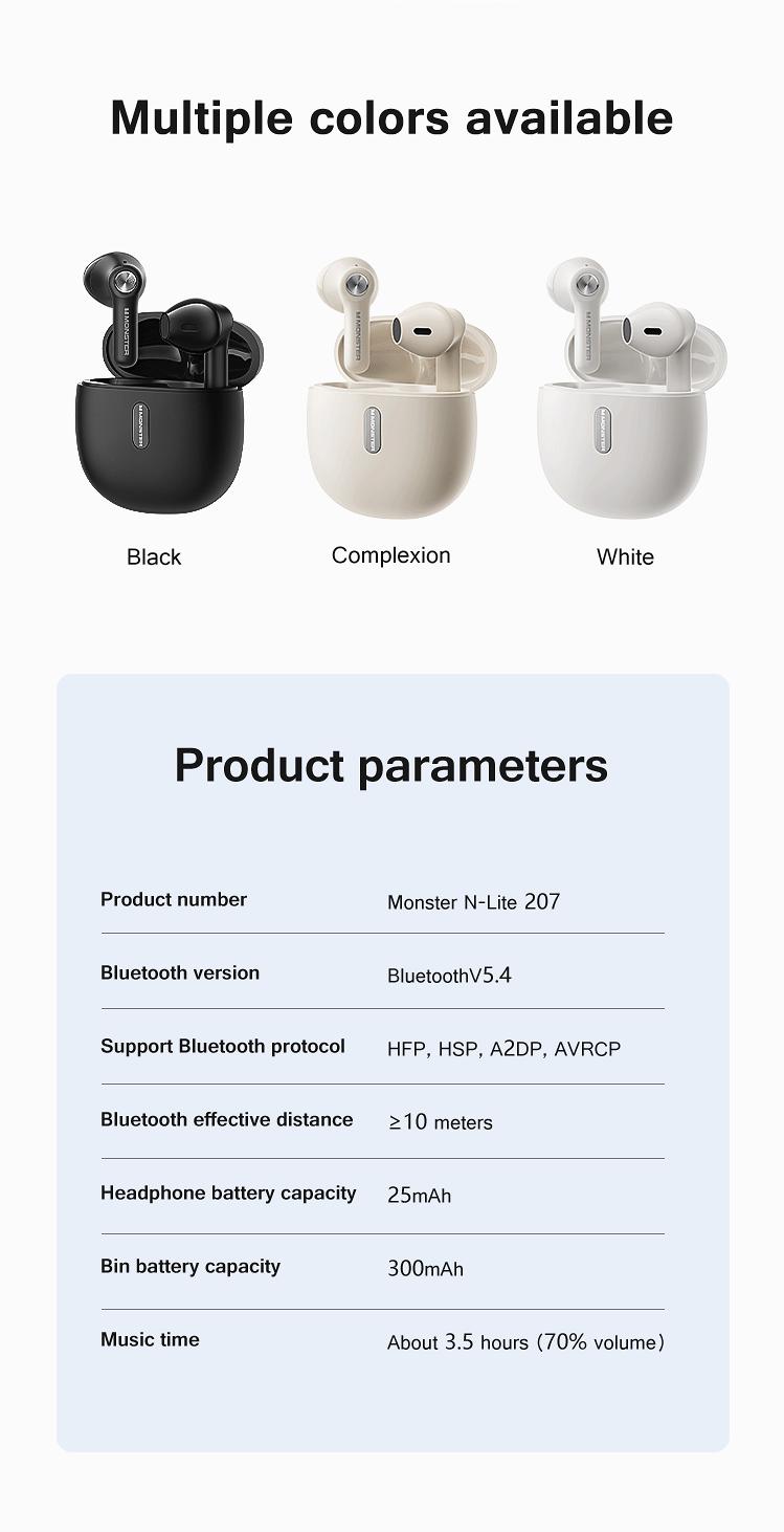 Product Introduction of Monster N-Lite 207 Wireless Earphone Bluetooth 5.4 Waterproof In-Ear HiFi Stereo Noise Canceling Wireless Earbuds With Microphone monster headphones 13