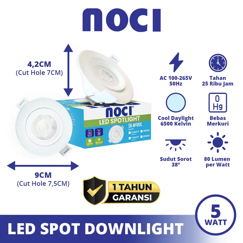 Noci Lampu LED Downlight Spot Adjustable Angle 5-7 Watt Cahaya Kuning 3000K/Putih 6500K Super Terang Hemat Daya