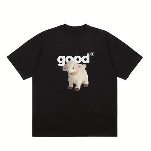 かわいいgood子羊柄プリント婦人用半袖Tシャツ、丸首、ゆったり、純綿カジュアルトップス、丸首、ショルダーベルト、ゆったりシルエット、通気性、肩落ちデザインプリントTシャツ夏のゆったりタイプ