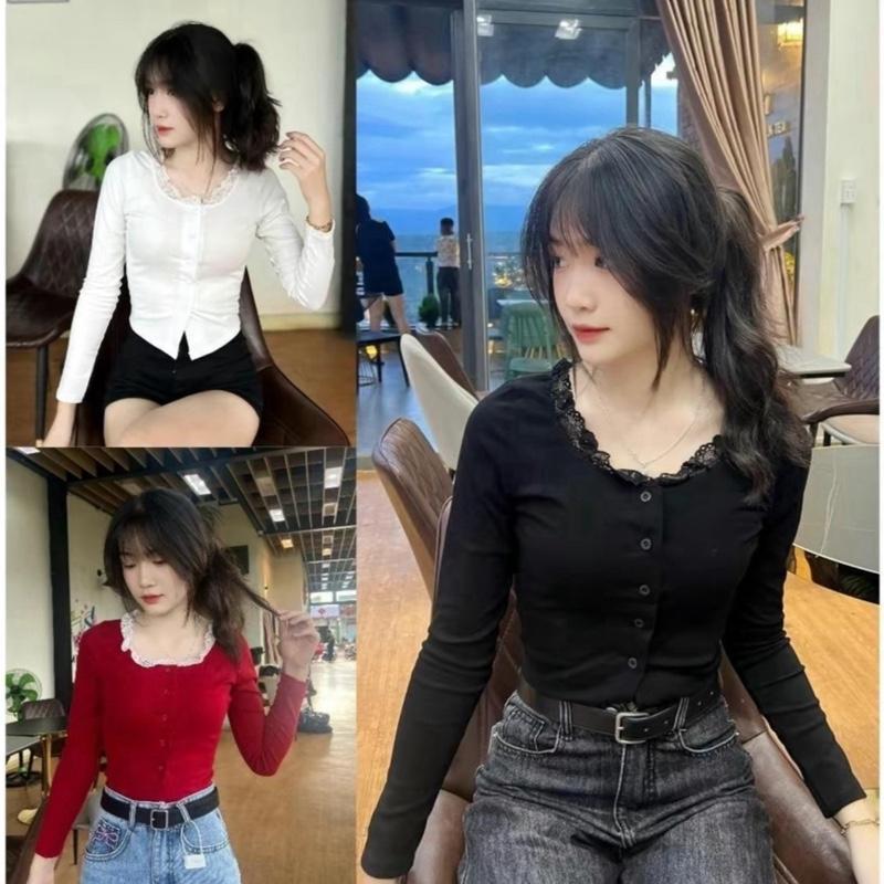 G66 Áo thun nữ Kiểu Tay Dài Cổ Tròn Lớn Phối Ren Croptop Xinh Xắn vải thun tăm lạnh quảng châu size dưới 53kg mã gp66