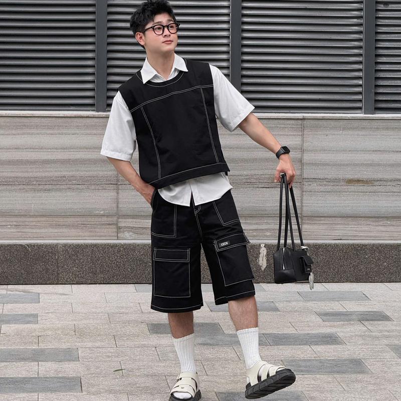 [GIDISTUDIO]_Set áo Gile MoLy phối áo sơ mi và quần Short KeLLy chất liệu kaki dày dặn form rộng phong cách Hàn Quốc Nam Nữ Unisex GIDI