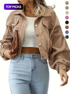 Chaqueta fruncida de manga farol con bolsillo y botones al frente para mujer, ropa de abrigo casual de hombro caído y manga larga con cuello para uso diario, ropa para damas