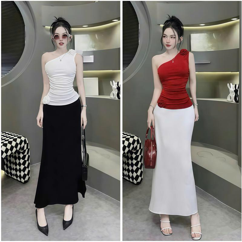 Set Chân Váy Đuôi Cá Dáng Dài Mix Áo Nhún Sườn Một Vai Đính Hoa Sang Chảnh Chất Thun Ladong Thích Hợp Đi Tiệc Đi Du Lịch_Váy Tiệc, Đầm Xinh Dự Tiệc Cưới, Váy Body, Váy Body Nữ Tôn Dáng, Váy Xinh, Váy Đi Biển