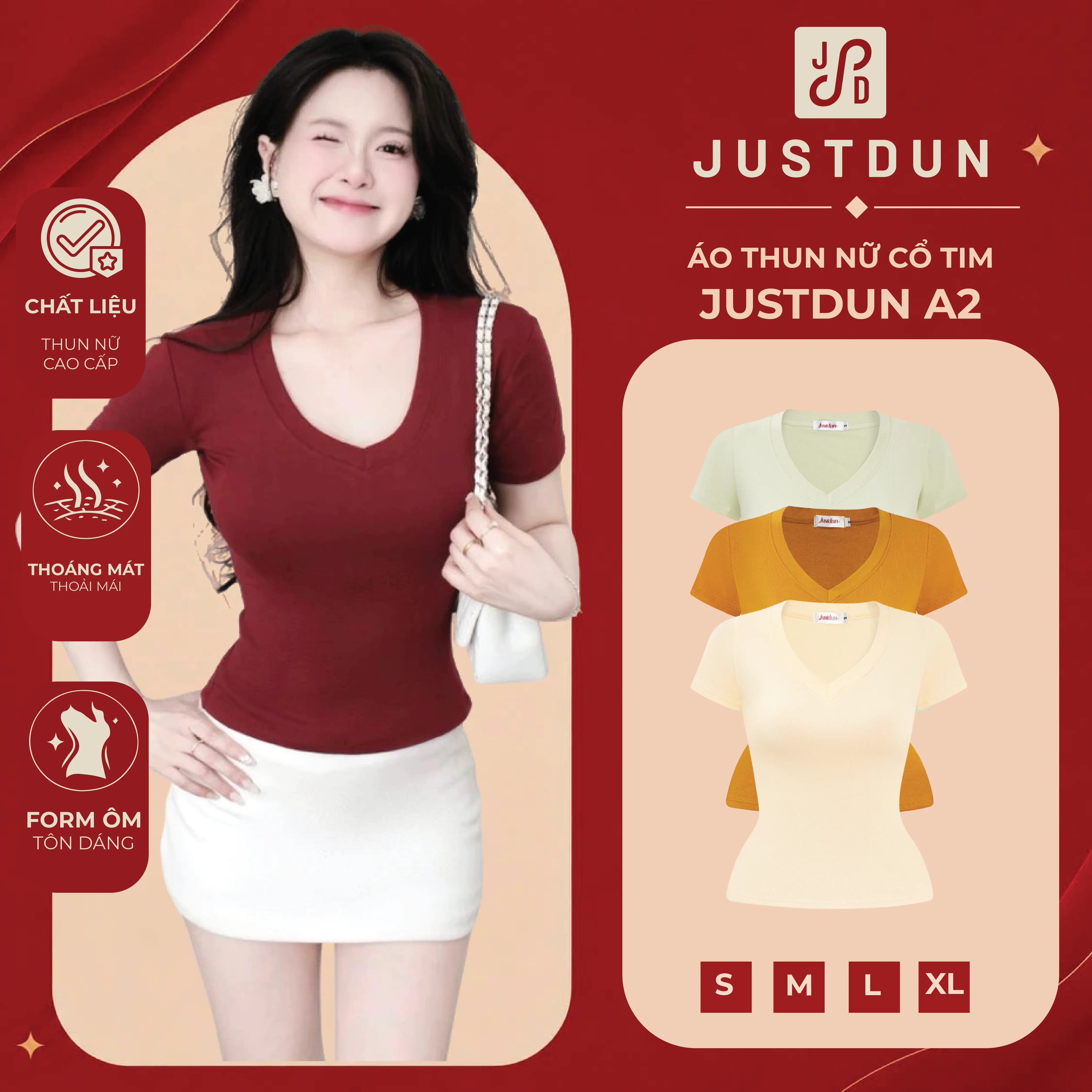 ( Signature ) Áo Thun Nữ Basic Cổ Tim Trơn JUSTDUN A2 – Chất Cotton Lông Mịn Cao Cấp, Co Giãn 4 Chiều