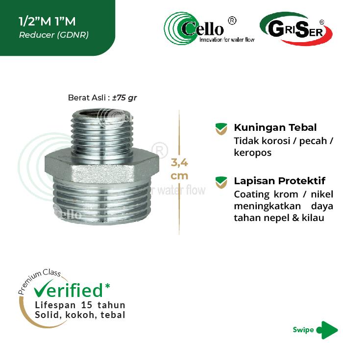 Gambar [Cello GDNR-1/2"Mx1"M] Double Nepel Reducer 1/2" x 1" Inch Kuningan | Drat Luar Male x Male | Fitting Sambungan Pipa Brass Double Nipple Reduce / Nepple dari Cello Sanitary Indonesia Kota Administrasi Jakarta Barat Tokopedia
