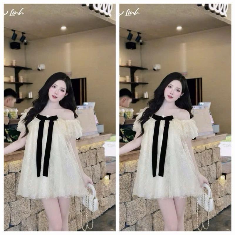 Đầm Ren Trễ Vai Dáng Babydone Đính Nơ Đen Nhấn Ngọc váy ngắn sét đầm trễ vai sét bộ babydoll tiểu thư đầm đẹp váy hở vai set váy ren sang chảnh váy hở lưng dáng bí váy babydoll sang chảnh