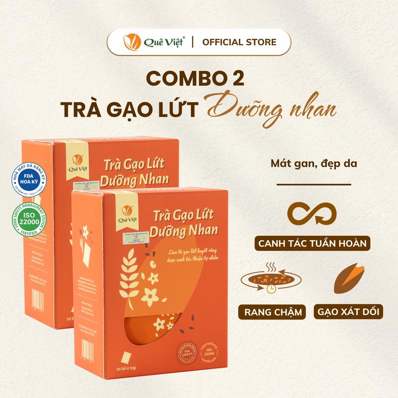 Combo 2 hộp - Trà gạo lứt dưỡng nhan Quê Việt - Hộp 100g 10gói x 10gr 200gr 20 gói x10gr