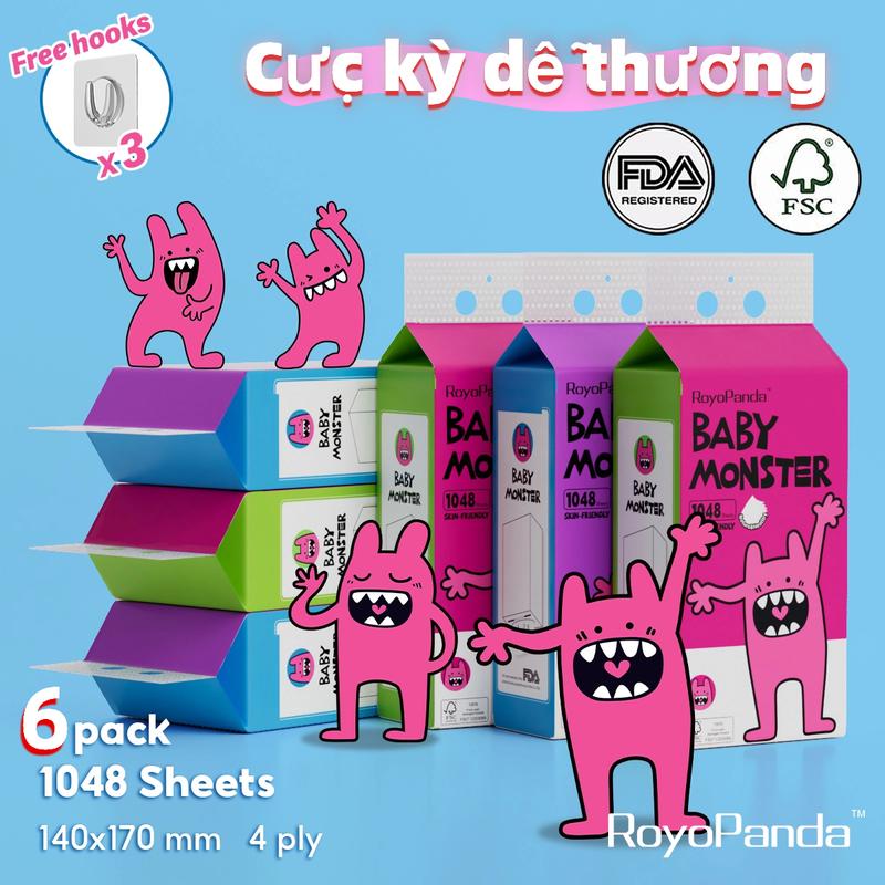 【6 Bịch Giấy Dán Tường 4 Lớp Siêu Bền ROYOPANDA - 1048 Tờ/Gói, 2 Móc Tiện Lợi,giấy rút royo 6 Gói, giấy rút 6 bịch, giấy lau tay, combo 6 bịch giấy rút, Giấy vệ sinh treo tường, không sợ tắc bồn cầu, khăn giấy rút treo tường, royotissue, giấy rút đa năng