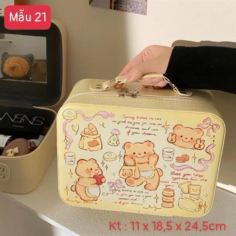 Cốp Da Đựng Đồ Trang Điểm Cá Nhân Hoạ Tiết Mèo Dễ Thương Có Kèm Gương Trang Điểm