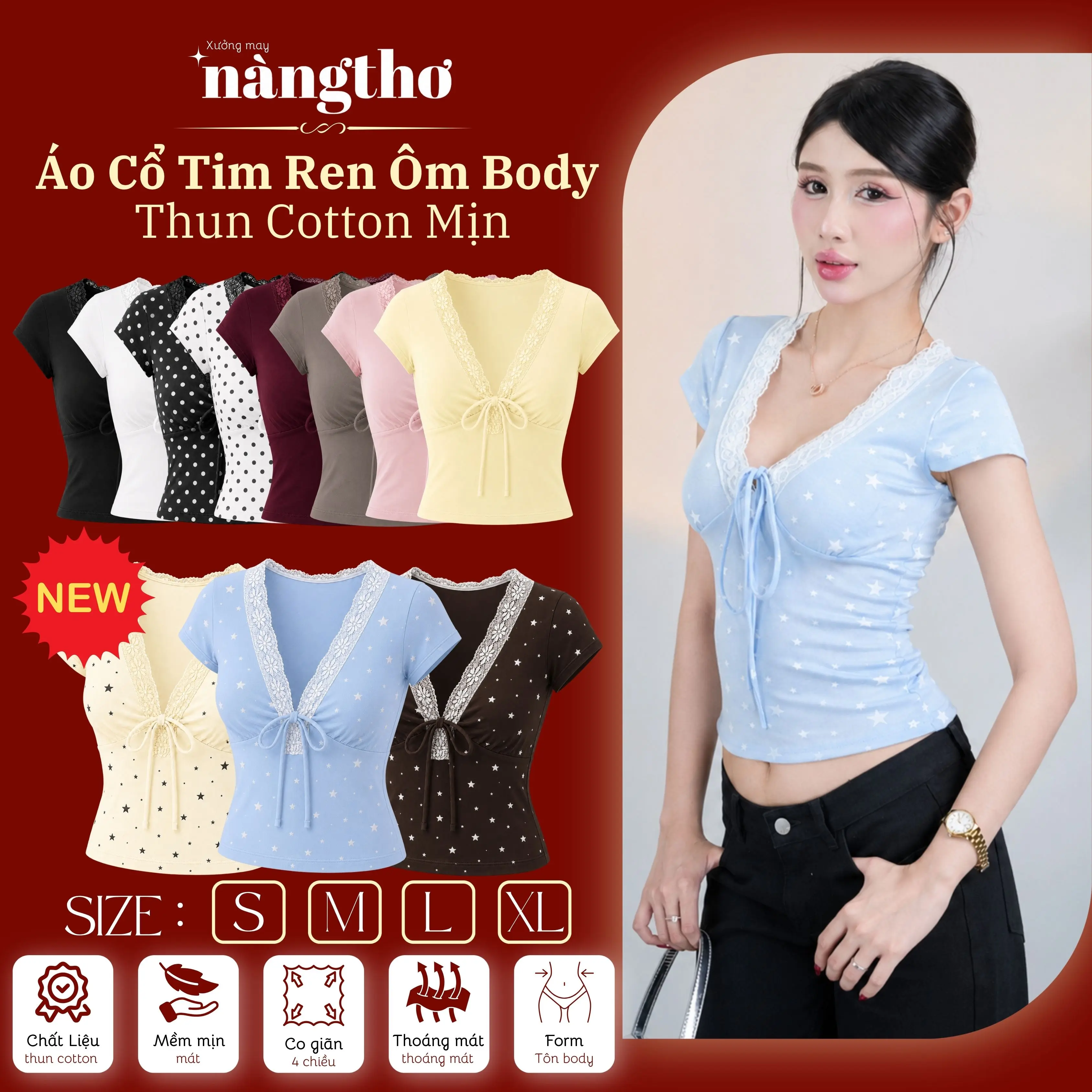 377 [MÀU ĐỘC QUYỀN] Áo Kiểu Nữ Ôm Body Y2K Cổ Tim Phối Ren Chất Thun Cotton Mịn