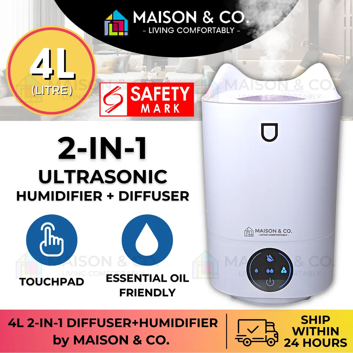 [TOUCHPAD CONTROL] 4L 2-IN-1 Ultrasonic Humidifier + Fragrance Diffuser Home Aromatherapy Essential Oil Scent 4000ML