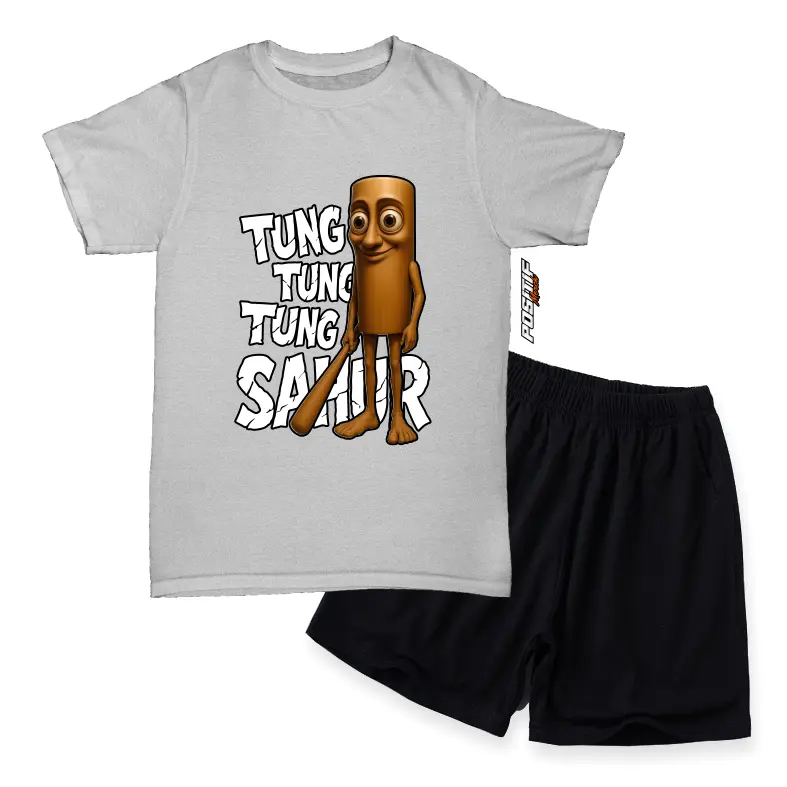 Positif Merch Baju Kaos Anak Setelan Tema Anomali Viral Desain Kartun Tung Tung Tung Sahur Lucu Laki Perempuan 1