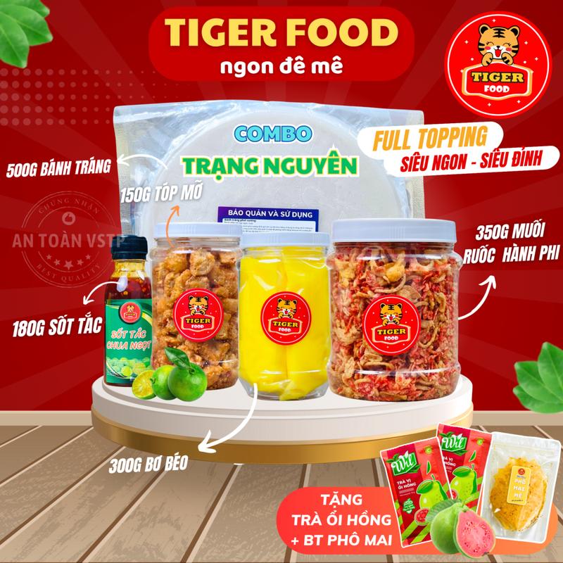 Bánh tráng phơi sương TIGER FOOD - COMBO SIÊU TO KHỔNG LỒ MỚI nhiều topping muối ruốc hành phi - tóp mỡ - bơ béo - sốt tắc Chua Cay - Tặng trà ổi hồng + bánh tráng phô mai mè