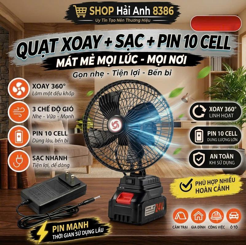 Quạt Tích Điện Xoay Đảo Chiều 2 Cấp Độ Gió | Quạt Sạc Để Bàn Dùng Khi Mất Điện