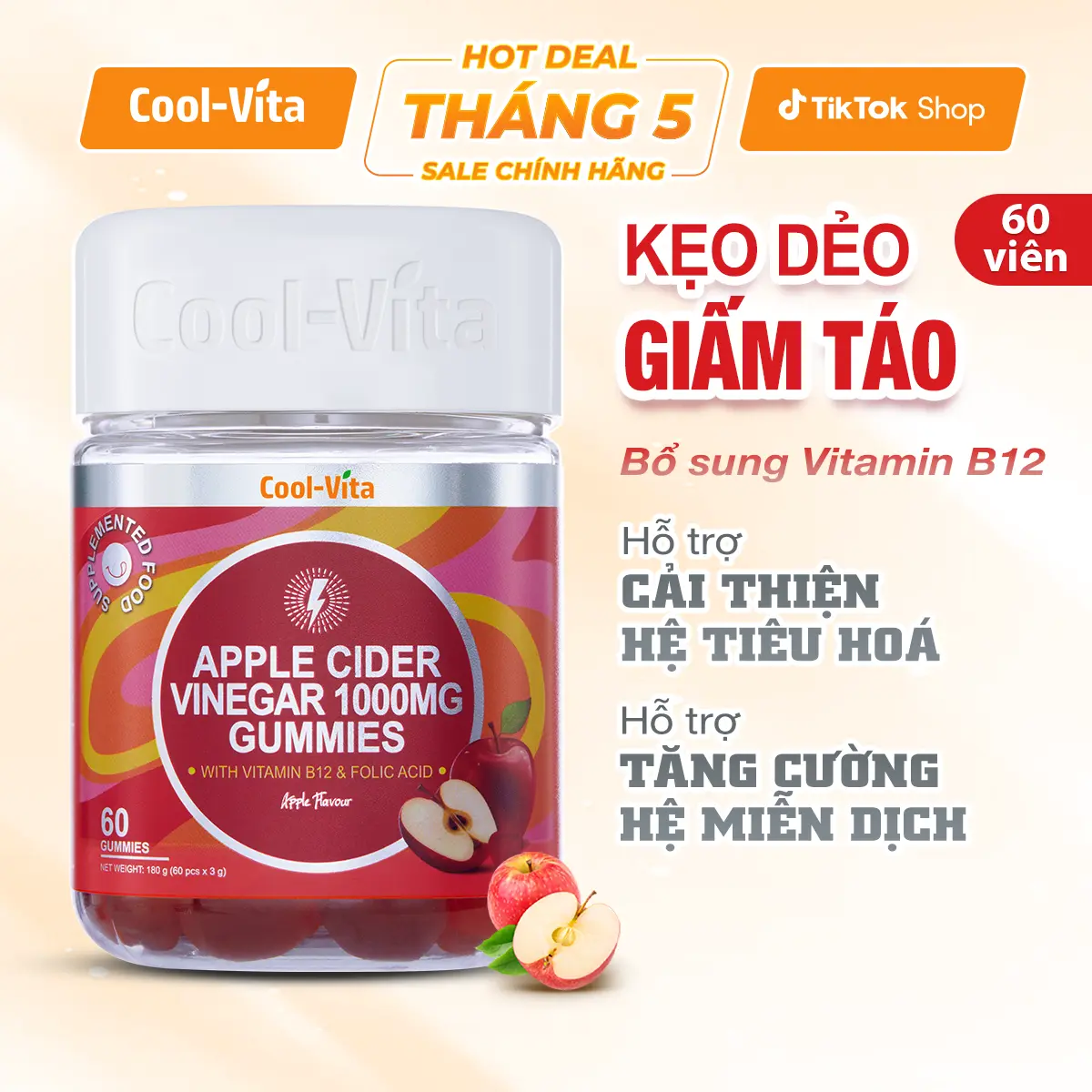 [A] Kẹo Dẻo Giấm Táo Hỗ Trợ Tiêu Hóa, Hỗ Trợ Tăng Cường Miễn Dịch, Bổ sung Vitamin B12 Coolvita (60 viên x 3g)/hộp