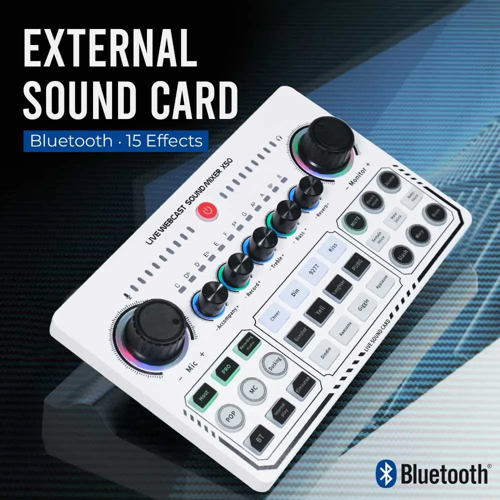 Mixer Audio External Sound Card X50 Live Bluetooth 15 Efek Suara Kualitas Tinggi dengan Noise Reduction & Kontrol Tone Audio untuk Live Streaming Karaoke