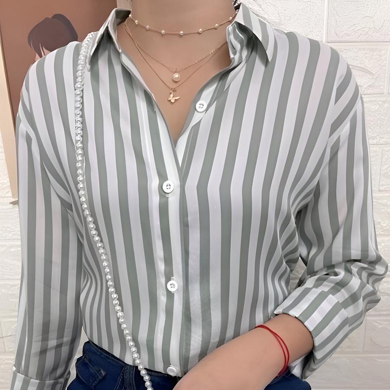 OGM - Outfit Kemeja Wanita Motif Salur Stripe Poly Rayon Nyaman Kekinian 9