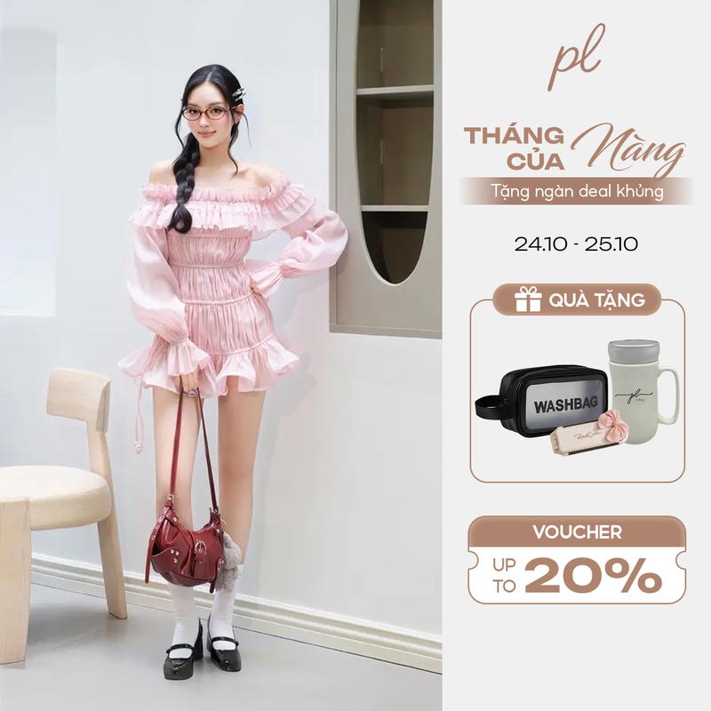 PL CLOTHING SERINA DRESS Đầm trễ vai tay phồng nhún bèo thiết kế quyến rũ chất liệu organza xược mỏng nhẹ