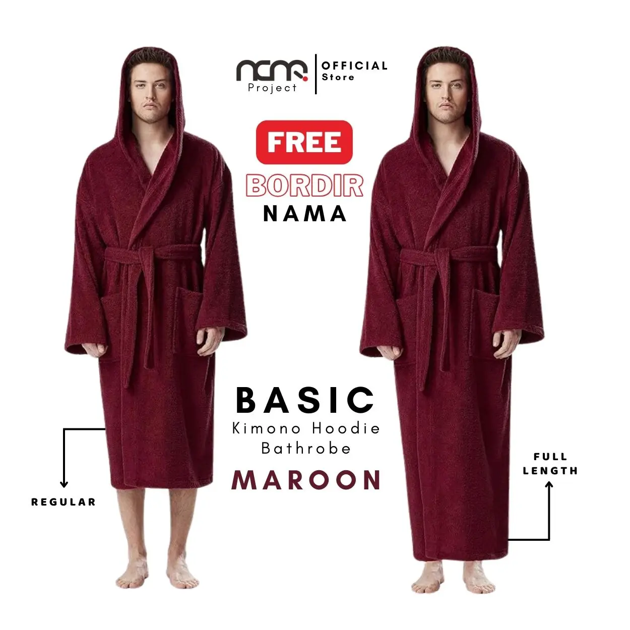 Handuk Kimono Hoodie Bathrobe Maroon Premium Baju Mandi Bordir Dewasa