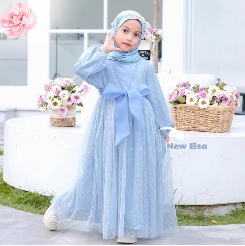 Gamis anak perempuan muslim mewah terbaru gaun putih mutiara panjang tile lebaran Ladys Kid Pita Baju Dress 3