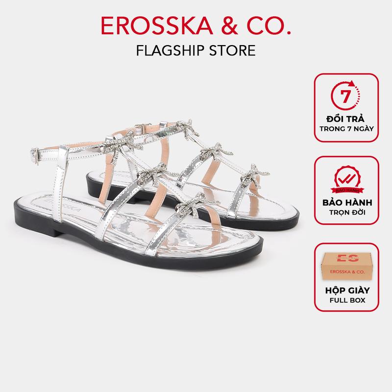  EROSSKA  - Giày sandal nữ mùa hè đế bằng mũi hở phối nơ phong cách dễ thương màu bạc cao 1cm có hộp giày fullbox - EM142 