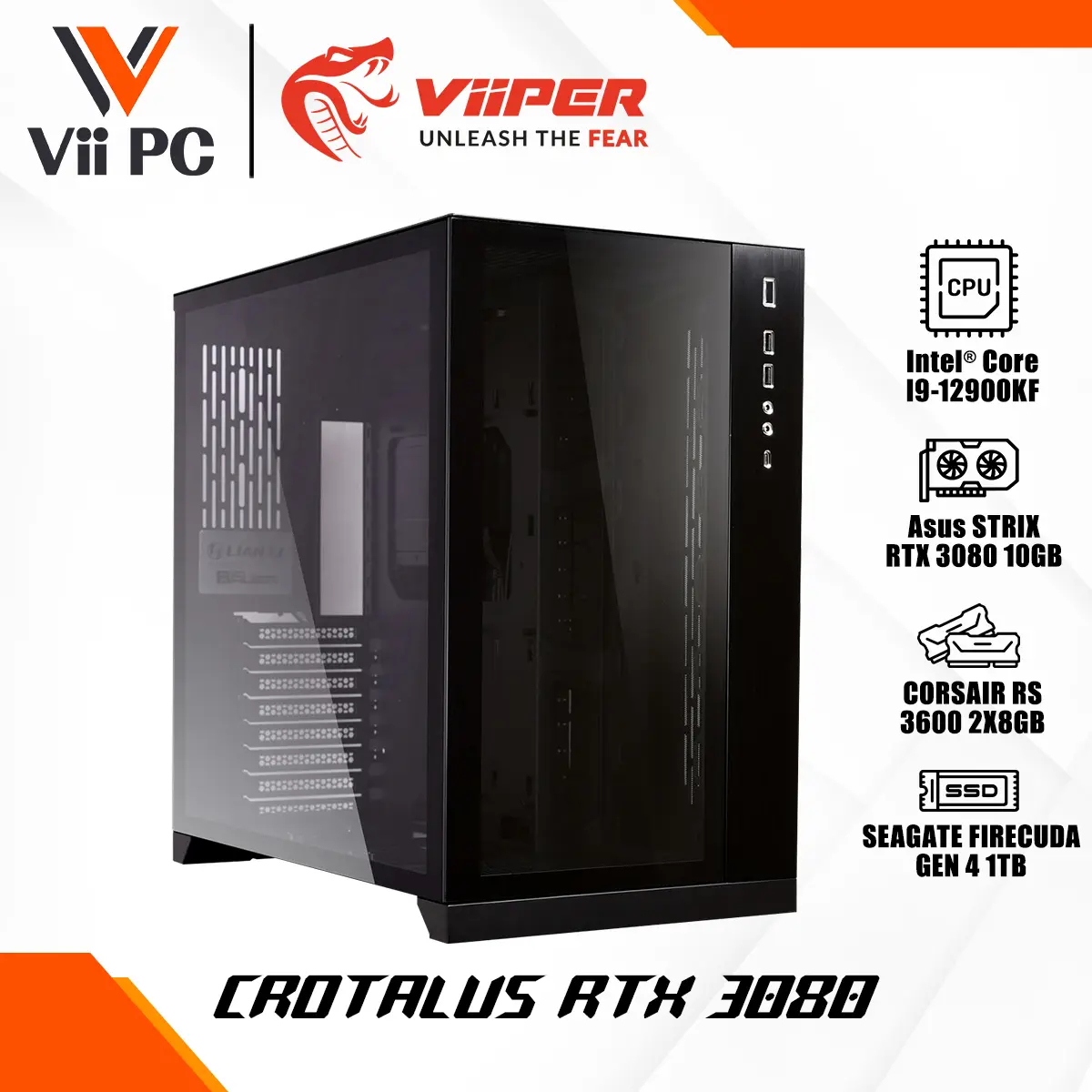ViiPER PC CROTALUS RTX 3080 Gaming PC, I9-12900KF, TUF Z690 WIFI D4, STRIX RTX 3080, Lian Li O11 DYNAMIC